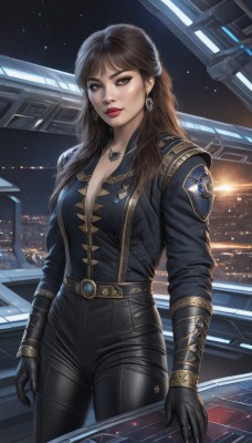 1girl,solo,long hair,breasts,looking at viewer,brown hair,gloves,cleavage,brown eyes,jewelry,medium breasts,standing,cowboy shot,earrings,sky,black gloves,belt,pants,necklace,uniform,lips,window,bodysuit,makeup,night,black pants,lipstick,star (sky),night sky,pendant,science fiction,realistic,red lips,starry sky,leather