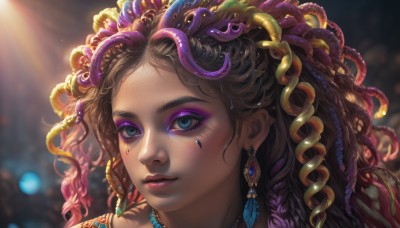 1girl,solo,long hair,looking at viewer,blue eyes,brown hair,hair ornament,jewelry,closed mouth,purple hair,braid,multicolored hair,earrings,artist name,dark skin,necklace,blurry,dark-skinned female,lips,eyelashes,makeup,depth of field,blurry background,wavy hair,facial mark,thick eyebrows,feathers,lipstick,gem,portrait,light particles,eyeshadow,freckles,beads,realistic,nose,red lips,eyeliner,facepaint,bokeh,purple lips,mascara,hair beads,multiple braids,purple eyeshadow,two-tone hair,sunlight,close-up,snake,headdress,dreadlocks