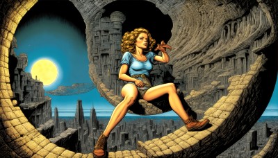 HQ,1girl,solo,long hair,breasts,smile,blonde hair,brown hair,shirt,holding,brown eyes,medium breasts,sitting,collarbone,full body,short sleeves,boots,sky,shoes,shorts,belt,spread legs,water,lips,short shorts,bare legs,night,brown footwear,moon,blue shirt,building,star (sky),night sky,full moon,curly hair,city,cityscape,planet,midriff,denim