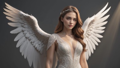 1girl,solo,long hair,breasts,looking at viewer,simple background,brown hair,dress,cleavage,brown eyes,medium breasts,closed mouth,collarbone,upper body,wings,white dress,lips,wavy hair,sunlight,tiara,feathered wings,angel wings,light rays,realistic,nose,center opening,white wings,arms at sides,angel,black background