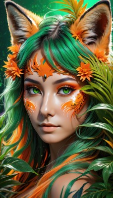 1girl,solo,long hair,looking at viewer,hair ornament,animal ears,closed mouth,green eyes,flower,multicolored hair,green hair,artist name,cat ears,hair flower,orange hair,lips,animal ear fluff,fox ears,eyelashes,makeup,leaf,watermark,facial mark,plant,slit pupils,portrait,eyeshadow,freckles,green background,nose,whisker markings,facepaint,tiger ears,bangs,bare shoulders,upper body,two-tone hair,eyeliner,mascara