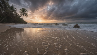 outdoors, sky, cloud, water, tree, dutch angle, no humans, ocean, beach, cloudy sky, scenery, sunset, rock, sand, palm tree, horizon, shore