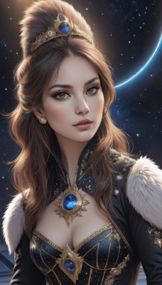 1girl,solo,long hair,breasts,looking at viewer,brown hair,hair ornament,dress,cleavage,brown eyes,jewelry,medium breasts,upper body,earrings,sky,artist name,lips,fur trim,clothing cutout,eyelashes,cleavage cutout,tiara,crown,gem,star (sky),starry sky,freckles,realistic,nose,space,planet,parted lips,necklace,night