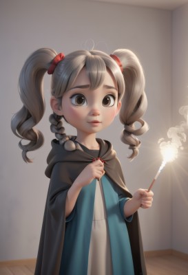 1girl,solo,long hair,looking at viewer,blush,smile,bangs,brown hair,dress,holding,twintails,brown eyes,standing,upper body,braid,indoors,cape,twin braids,lips,blue dress,child,cloak,freckles,robe,wand,female child,holding wand,sparkler,medium hair,white dress,drill hair,twin drills,fireworks,black robe