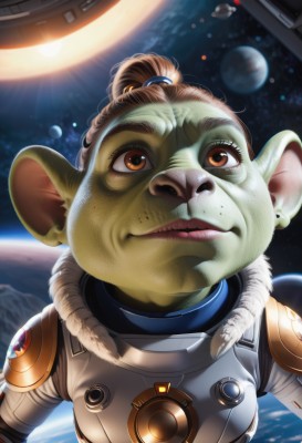 1girl,solo,looking at viewer,brown hair,animal ears,brown eyes,jewelry,upper body,ponytail,earrings,pointy ears,lips,colored skin,looking up,freckles,realistic,mouse ears,space,green skin,planet,alien,earth (planet),spacecraft,spacesuit,buck teeth,space helmet,astronaut,1boy,male focus,furry,nose