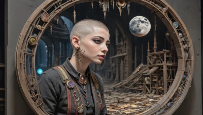 solo,short hair,shirt,1boy,jewelry,closed mouth,upper body,white hair,grey hair,male focus,earrings,collared shirt,lips,grey eyes,black shirt,tattoo,profile,makeup,looking away,moon,suspenders,gem,androgynous,nose,fantasy,bald,very short hair,planet,pillar,gears,arch,steampunk,1girl,blue eyes,necklace,realistic,facial tattoo,medal,globe