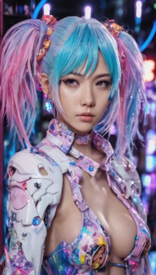 1girl,solo,long hair,breasts,looking at viewer,bangs,hair ornament,cleavage,twintails,brown eyes,jewelry,medium breasts,blue hair,upper body,pink hair,multicolored hair,earrings,choker,blurry,two-tone hair,lips,aqua hair,gradient hair,blurry background,revealing clothes,science fiction,realistic,nose,cyborg,cyberpunk,closed mouth,swimsuit,bikini,parted lips,armor,see-through,eyelashes,expressionless,piercing,cable