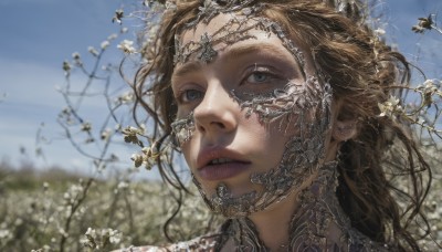 1girl,solo,long hair,looking at viewer,blue eyes,brown hair,flower,outdoors,parted lips,sky,teeth,day,blurry,tree,blue sky,lips,grey eyes,depth of field,blurry background,portrait,science fiction,realistic,aircraft,branch,jewelry,earrings,eyelashes,looking away,looking up,close-up,nose,looking afar