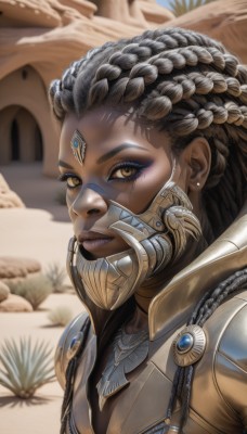 1girl,solo,long hair,breasts,looking at viewer,brown hair,black hair,cleavage,brown eyes,jewelry,yellow eyes,upper body,braid,earrings,outdoors,artist name,dark skin,armor,blurry,official alternate costume,dark-skinned female,lips,eyelashes,makeup,mask,blurry background,facial mark,lipstick,shoulder armor,portrait,eyeshadow,nose,very dark skin,desert,dreadlocks,jacket,grey hair,necklace,french braid,eyeliner,crown braid,facepaint,power armor,mascara