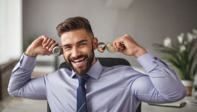 solo,looking at viewer,smile,short hair,open mouth,brown hair,shirt,long sleeves,1boy,holding,sitting,white shirt,upper body,flower,male focus,necktie,teeth,collared shirt,indoors,blurry,black eyes,hands up,depth of field,blurry background,facial hair,chair,plant,white flower,black necktie,beard,blue necktie,mature male,realistic,mustache,can,holding can,salaryman,wrinkled skin,one eye closed,grin,dress shirt,coin