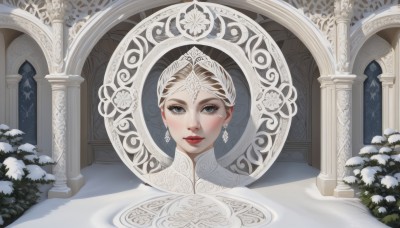 1girl,solo,looking at viewer,short hair,blue eyes,blonde hair,dress,jewelry,earrings,parted lips,indoors,white dress,lips,grey eyes,eyelashes,window,makeup,tiara,lipstick,gem,portrait,snow,snowing,red lips,snowflakes,winter,braid,white hair,tree,realistic,nose,bush,pillar,arch