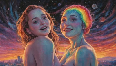 long hair,breasts,looking at viewer,smile,short hair,open mouth,multiple girls,brown hair,2girls,green eyes,upper body,nude,outdoors,sky,teeth,cloud,orange hair,lips,night,colored skin,cloudy sky,sharp teeth,building,star (sky),starry sky,freckles,sunset,city,realistic,cityscape,parted lips,planet,sunrise