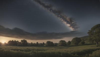 outdoors,sky,cloud,tree,no humans,night,grass,star (sky),nature,night sky,scenery,forest,smoke,starry sky,sunset,mountain,sun,landscape,hill,field