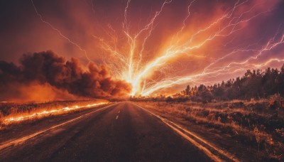 outdoors,sky,cloud,tree,no humans,cloudy sky,grass,nature,scenery,forest,sunset,electricity,road,lightning,red sky,dutch angle,fire,smoke,landscape