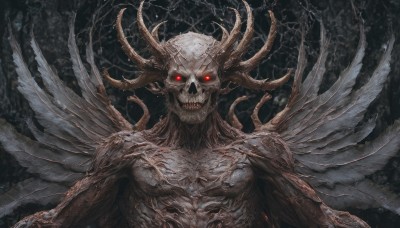 solo,looking at viewer,red eyes,1boy,upper body,male focus,wings,horns,teeth,tree,no humans,glowing,sharp teeth,glowing eyes,1other,skull,monster,ribs,skeleton,extra eyes,bone,horror (theme),dark,demon,multiple wings,multiple horns