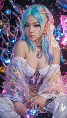 1girl,solo,long hair,breasts,looking at viewer,hair ornament,navel,cleavage,bare shoulders,jewelry,medium breasts,sitting,closed mouth,blue hair,multicolored hair,earrings,detached sleeves,midriff,pants,necklace,nail polish,blurry,black eyes,two-tone hair,lips,see-through,strapless,aqua hair,tattoo,makeup,blurry background,piercing,ring,gem,realistic,white pants,navel piercing,bangs,holding,open clothes,artist name,off shoulder,bracelet,fingernails,parted bangs,eyelashes,watermark,lipstick,web address,eyeshadow,nose,mascara