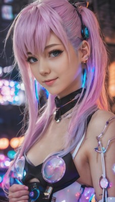 1girl,solo,long hair,breasts,looking at viewer,smile,bangs,blue eyes,hair ornament,cleavage,bare shoulders,twintails,jewelry,closed mouth,upper body,pink hair,earrings,small breasts,choker,nail polish,blurry,lips,grey eyes,makeup,depth of field,blurry background,piercing,ear piercing,pink nails,realistic,nose,hair between eyes,multicolored hair,artist name,necklace,fingernails,eyelashes,detached collar,science fiction