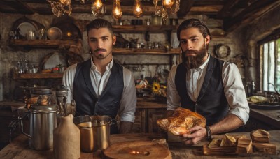 brown hair,shirt,black hair,brown eyes,jewelry,white shirt,male focus,earrings,food,multiple boys,collared shirt,indoors,2boys,vest,cup,window,facial hair,table,bottle,beard,plate,alcohol,sleeves rolled up,watch,black vest,mustache,wristwatch,bread,hair slicked back,bar (place),counter,looking at viewer,smile,short hair,holding,day,bracelet,realistic,fantasy,manly,waistcoat,brown vest