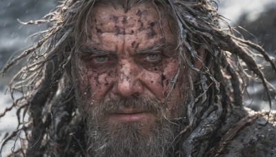 solo,long hair,looking at viewer,brown hair,1boy,brown eyes,closed mouth,male focus,outdoors,armor,blurry,wet,grey eyes,blurry background,facial hair,cloudy sky,messy hair,portrait,beard,close-up,rain,serious,realistic,mustache,dirty,grey sky,black hair,grey hair,lips,scar,snow,snowing,stubble