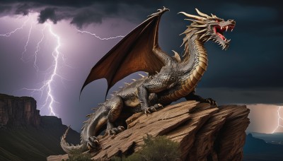 solo,open mouth,tail,outdoors,wings,horns,sky,teeth,cloud,no humans,fangs,cloudy sky,sharp teeth,claws,monster,rock,mountain,dragon,electricity,scales,lightning,kaijuu,multiple heads,red eyes,glowing,ocean,scenery,fantasy,landscape,cliff