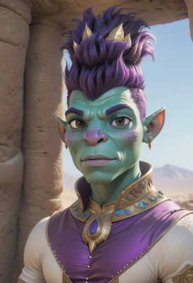 solo,looking at viewer,smile,short hair,1boy,brown eyes,jewelry,closed mouth,upper body,purple hair,male focus,earrings,outdoors,horns,sky,day,pointy ears,artist name,blue sky,makeup,colored skin,thick eyebrows,freckles,green skin,hair pulled back,mohawk,desert,1girl,lips,scar,portrait,scar on face,realistic,nose,scar on nose,orc,eyebrow cut