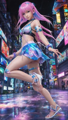 1girl,solo,long hair,breasts,looking at viewer,smile,bangs,blue eyes,skirt,navel,jewelry,medium breasts,standing,swimsuit,full body,pink hair,ass,bikini,multicolored hair,earrings,outdoors,sky,solo focus,choker,midriff,nail polish,high heels,bracelet,feet,lips,blue skirt,see-through,legs,thigh strap,toes,night,piercing,sandals,standing on one leg,building,wristband,bandaid,toenails,city,realistic,toenail polish,bandaid on leg,bandaid on knee,crosswalk,hair ornament,bare shoulders,thighs,small breasts,miniskirt,collar,watermark,leg up,bikini top only,armlet,blue nails,science fiction,road,street,cyberpunk,neon lights