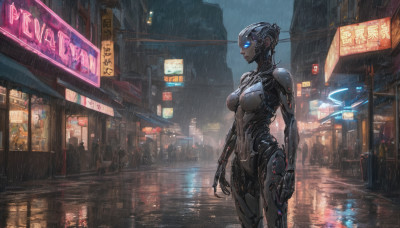 1girl, solo, breasts, blue eyes, medium breasts, standing, outdoors, bodysuit, night, glowing, robot, building, science fiction, rain, city, sign, android, road, joints, cyborg, street, robot joints, cyberpunk, neon lights