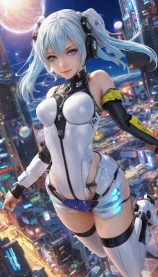 1girl,solo,long hair,breasts,looking at viewer,smile,bangs,blue eyes,hair ornament,thighhighs,gloves,hair between eyes,bare shoulders,twintails,medium breasts,closed mouth,blue hair,white hair,thighs,boots,outdoors,detached sleeves,sky,shorts,elbow gloves,belt,artist name,high heels,white thighhighs,leotard,lips,see-through,short shorts,covered navel,skindentation,night,turtleneck,headgear,headphones,highleg,moon,leg up,white footwear,building,star (sky),night sky,full moon,highleg leotard,high heel boots,science fiction,impossible clothes,white shorts,city,white leotard,cityscape,skyscraper,city lights