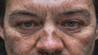 solo,looking at viewer,black hair,1boy,brown eyes,male focus,blurry,black eyes,eyelashes,portrait,close-up,reflection,realistic,eye focus,facial hair,scar,freckles,bald