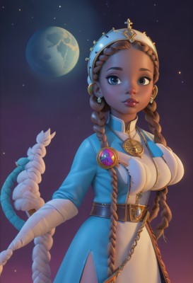 1girl,solo,long hair,breasts,looking at viewer,blue eyes,large breasts,brown hair,gloves,hat,dress,holding,jewelry,medium breasts,very long hair,braid,cowboy shot,earrings,parted lips,sky,belt,dark skin,necklace,twin braids,dark-skinned female,lips,makeup,moon,staff,gem,star (sky),forehead,starry sky,nose,holding staff,space,planet,multiple braids,long sleeves,white gloves,white dress,eyelashes,night,blue dress,piercing,thick eyebrows,lipstick,night sky,side slit,backlighting,hoop earrings,red lips