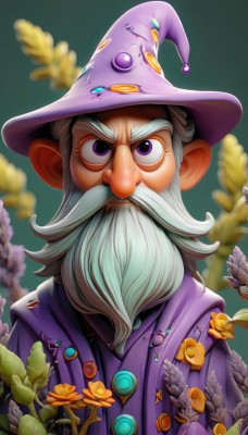 solo,looking at viewer,1boy,hat,closed mouth,purple eyes,upper body,flower,white hair,grey hair,male focus,blurry,witch hat,buttons,blurry background,facial hair,beard,green background,robe,yellow flower,mustache,purple headwear,old,old man,wizard hat,wizard,long hair,depth of field,glowing,leaf,thick eyebrows,plant,portrait,web address