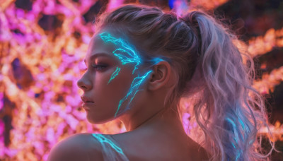 1girl, solo, long hair, blue eyes, bare shoulders, upper body, ponytail, blurry, lips, blurry background, glowing, portrait, realistic, nose, electricity