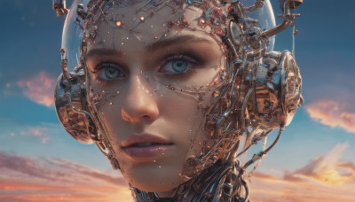 1girl, solo, blue eyes, green eyes, parted lips, sky, cloud, lips, eyelashes, helmet, cloudy sky, science fiction, realistic, cable