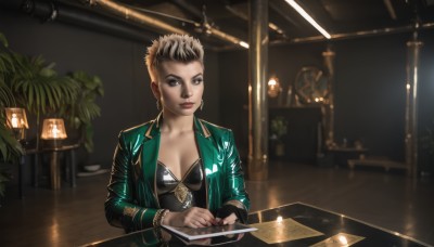 1girl,solo,breasts,looking at viewer,short hair,blonde hair,brown hair,black hair,long sleeves,holding,cleavage,brown eyes,jewelry,medium breasts,sitting,closed mouth,collarbone,jacket,upper body,multicolored hair,earrings,open clothes,indoors,dark skin,nail polish,blurry,black eyes,bracelet,two-tone hair,open jacket,dark-skinned female,lips,fingernails,eyelashes,makeup,depth of field,blurry background,table,plant,lipstick,red nails,eyeshadow,watch,hoop earrings,green jacket,paper,realistic,nose,wristwatch,potted plant,lamp,very short hair,leather,undercut,mascara,small breasts,knife