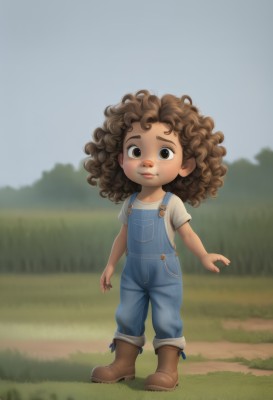 1girl,solo,looking at viewer,brown hair,shirt,brown eyes,closed mouth,standing,full body,white shirt,short sleeves,boots,outdoors,day,dark skin,medium hair,blurry,dark-skinned female,lips,blurry background,brown footwear,thick eyebrows,grass,messy hair,child,freckles,curly hair,female child,overalls,blue overalls,long hair,blush,smile,flat chest,loli,denim