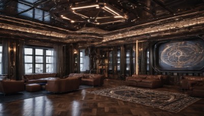 day,indoors,no humans,window,chair,table,sunlight,scenery,couch,light rays,wooden floor,stairs,fantasy,clock,light,ceiling,carpet,rug,chandelier,book,reflection,magic circle,reflective floor