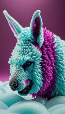 solo,looking at viewer,blue eyes,simple background,purple eyes,teeth,from side,gradient,gradient background,no humans,animal,feathers,sharp teeth,purple background,monster,dragon,scales,creature,animal focus,whiskers,closed mouth,artist name,signature,pokemon (creature),pink background,realistic,fox