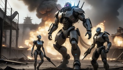 HQ,holding,standing,weapon,multiple boys,2boys,holding weapon,armor,gun,military,no humans,glowing,helmet,fire,robot,building,holding gun,mecha,glowing eyes,rifle,smoke,science fiction,realistic,military vehicle,watercraft,explosion,damaged,ship,machine gun,power armor,soldier,warship,radio antenna,sword,cloud,motor vehicle,handgun,ruins,dust