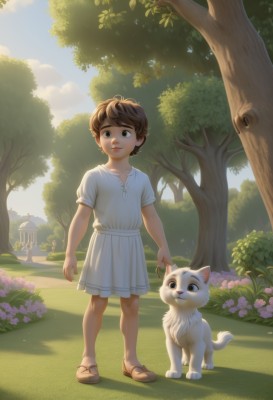 1girl,short hair,skirt,brown hair,shirt,dress,brown eyes,standing,full body,flower,short sleeves,outdoors,sky,day,cloud,white dress,looking at another,tree,blue sky,animal,brown footwear,sandals,sunlight,cat,white skirt,grass,bug,building,child,nature,forest,dog,realistic,female child,bush,house,path,solo,smile,1boy,male focus,shoes,shadow,male child