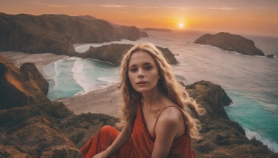 1girl,solo,long hair,looking at viewer,blue eyes,blonde hair,dress,bare shoulders,sitting,outdoors,parted lips,sky,sleeveless,dark skin,water,flat chest,dark-skinned female,lips,ocean,wavy hair,beach,red dress,scenery,sunset,rock,realistic,sun,horizon,jewelry,earrings,waves,shore