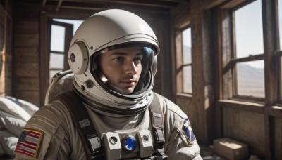 solo,smile,1boy,brown eyes,upper body,male focus,indoors,blurry,uniform,lips,military,window,helmet,box,science fiction,realistic,pilot suit,dirty,american flag,spacesuit,japanese flag,pilot,astronaut,1girl,closed mouth,pillow,flag print,space helmet,united states,american flag print