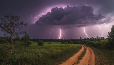 outdoors,sky,cloud,tree,no humans,cloudy sky,grass,nature,scenery,forest,mountain,electricity,road,field,lightning,landscape,path,purple sky,horizon,bush,hill