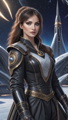 1girl,solo,long hair,breasts,looking at viewer,brown hair,gloves,long sleeves,dress,brown eyes,jewelry,medium breasts,earrings,parted lips,sky,artist name,armor,lips,makeup,night,wavy hair,lipstick,gauntlets,star (sky),starry sky,realistic,red lips,space,spacecraft,standing,bodysuit,night sky,science fiction,stud earrings