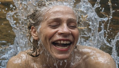 solo,smile,open mouth,1boy,closed eyes,grey hair,male focus,nude,teeth,water,blurry,wet,blurry background,parody,portrait,facing viewer,realistic,wet hair,old,splashing,old man,fine art parody,wrinkled skin,collarbone,upper body,:d,happy,water drop,laughing