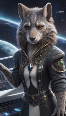 solo,looking at viewer,long sleeves,animal ears,jewelry,standing,jacket,open clothes,sky,belt,signature,coat,black jacket,orange eyes,no humans,buttons,animal,brooch,gem,star (sky),claws,furry,buckle,colored sclera,science fiction,animal hands,black coat,furry female,space,body fur,planet,whiskers,earth (planet),spacecraft,1girl,breasts,tail,cat ears,cat tail,starry sky,realistic