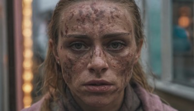 1girl,solo,long hair,looking at viewer,blonde hair,brown hair,1boy,brown eyes,jewelry,closed mouth,male focus,earrings,parted lips,blurry,lips,blurry background,portrait,freckles,realistic,dirty,outdoors,teeth,sweater,blood,depth of field,blood on face