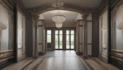 day,indoors,tree,no humans,window,sunlight,plant,curtains,scenery,wooden floor,stairs,door,architecture,pillar,ceiling,ceiling light,reflective floor,chandelier,reflection,candle,painting (object),carpet,candlestand