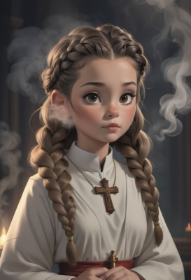 1girl,solo,long hair,looking at viewer,brown hair,long sleeves,holding,brown eyes,jewelry,closed mouth,upper body,braid,necklace,blurry,twin braids,lips,blurry background,own hands together,cross,forehead,smoke,freckles,candle,cross necklace,blush,artist name,nose,latin cross,candlestand,multiple braids