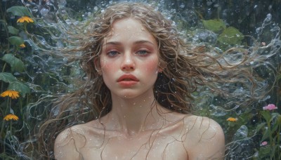 1girl,solo,long hair,looking at viewer,blue eyes,blonde hair,brown hair,collarbone,upper body,flower,nude,parted lips,water,lips,floating hair,leaf,plant,portrait,freckles,fish,bubble,underwater,realistic,air bubble,lily pad,bare shoulders,wet,eyelashes,wavy hair,water drop,yellow flower,nose