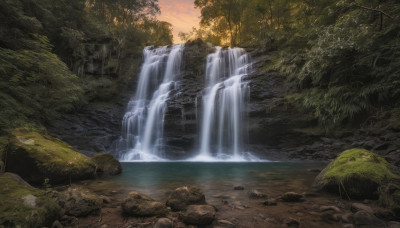 outdoors, sky, cloud, water, tree, no humans, nature, scenery, forest, rock, river, waterfall